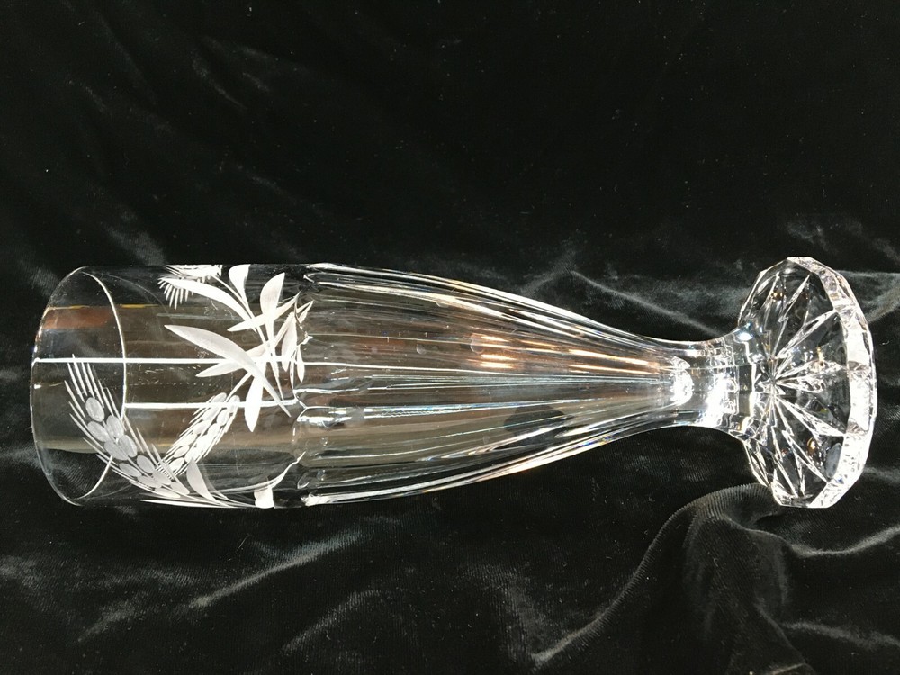 Clear Footed Crystal Glass Vase Etched Wheat