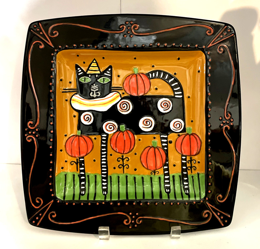 Bloom Bethany Lowe Designs Halloween Cat Pumpkin Square Ceramic Platter 11" FUN