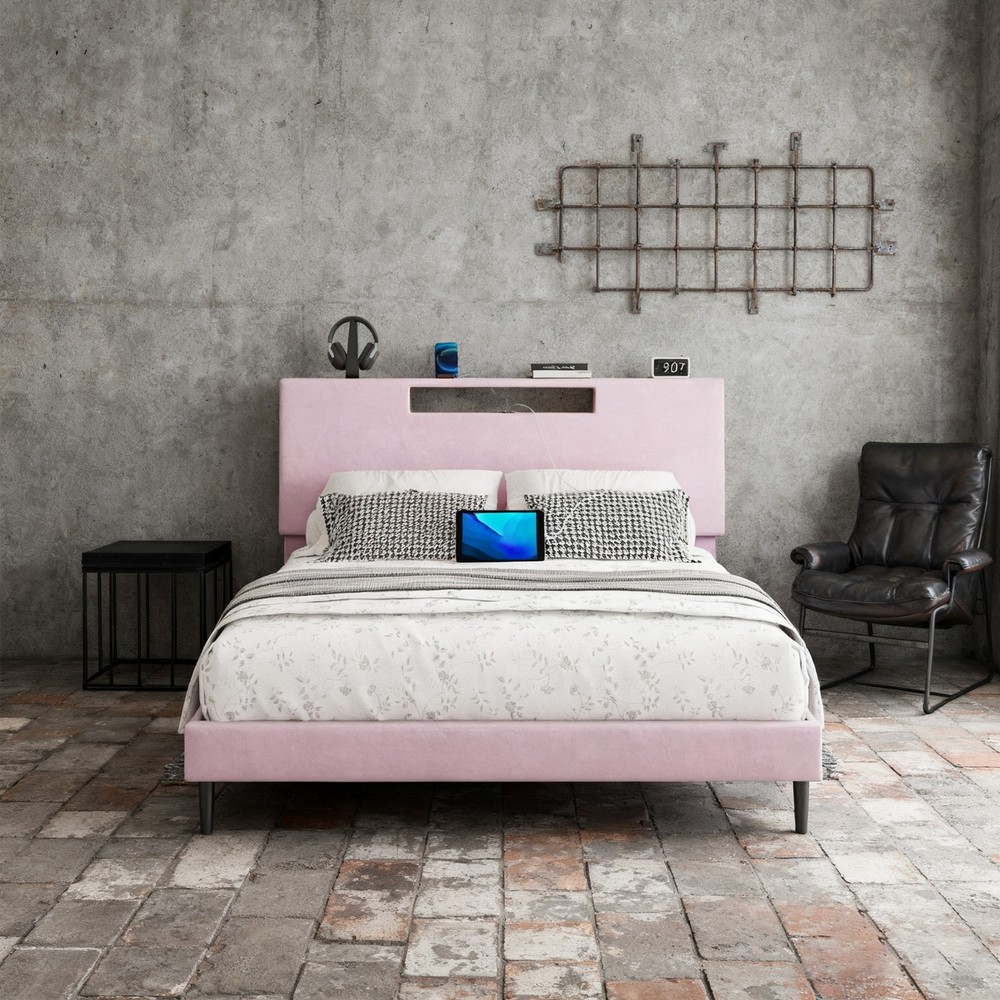 Wooden Bed Frame Full Slat Support Platform Bed With High Headboard LED Lights