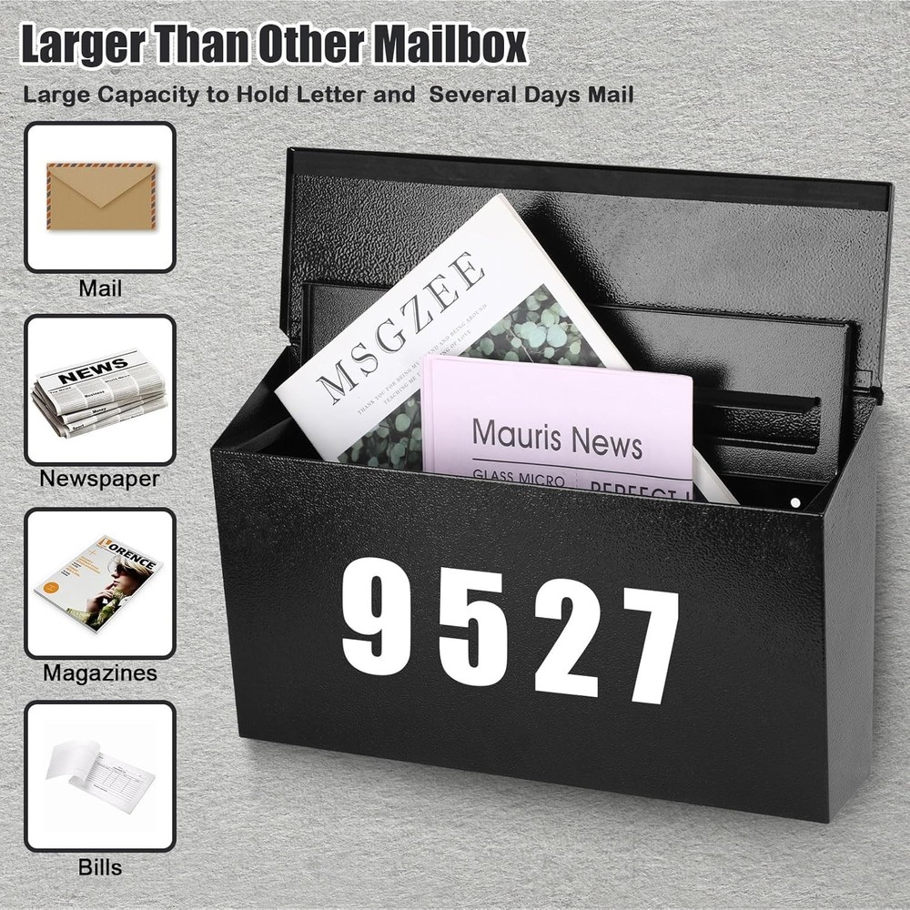 Locking Wall-Mount Mailbox Large Capacity Steel Post Box with Keys Black