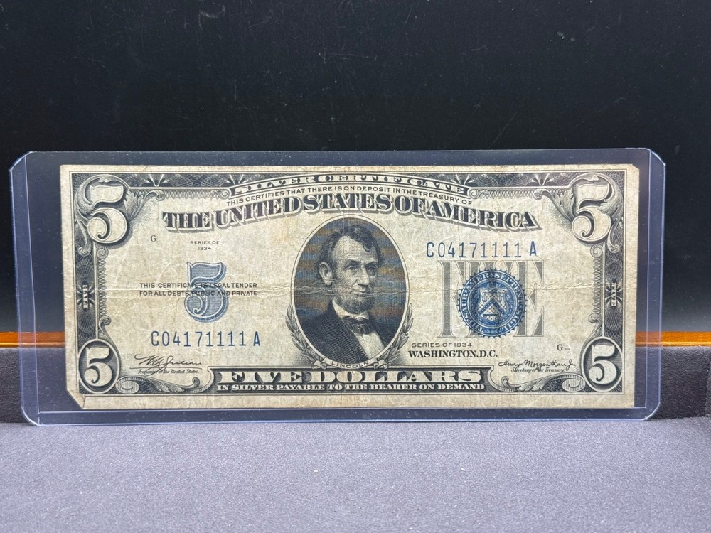 1934 A Five DOLLAR SILVER CERTIFICATE $5 Note Bill CIRCULATED