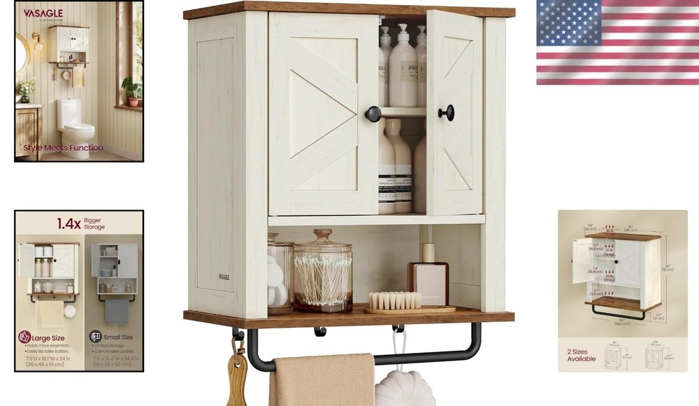 LIRY Rustic White Bathroom Wall Cabinet - 2 Barn Doors, Adjustable Shelf
