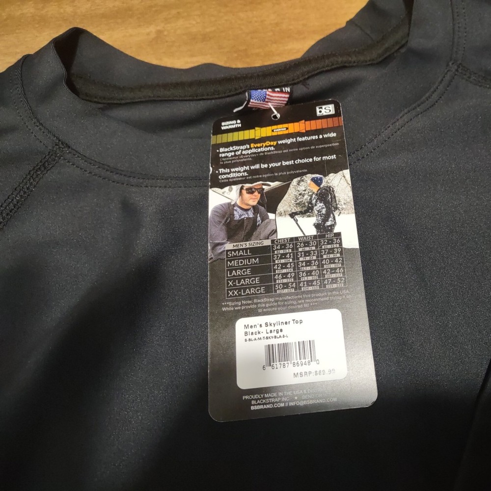BlackStrap Men's Skyliner Crew Top Base Layer L/S Shirt Large Solid Black New