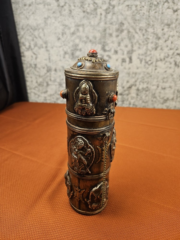 Vtg INDIAN BRONZE MESSENGER SCROLL CARRIER 9.5" Tall