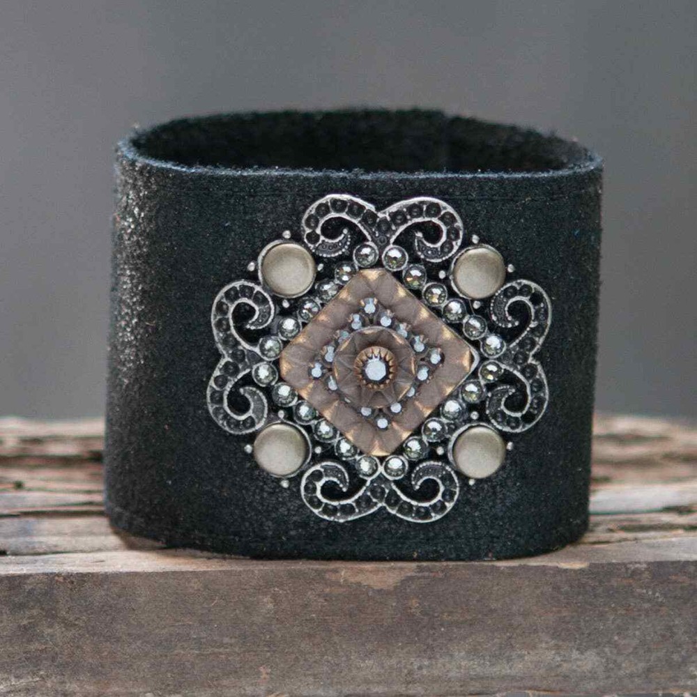 Deluxe Stones on Black Leather 2 Inch Cuff