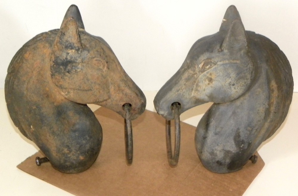 TWO Matching Authentic 42" Cast Iron HORSE HEAD Hitching Posts w/ 8-Sided Base