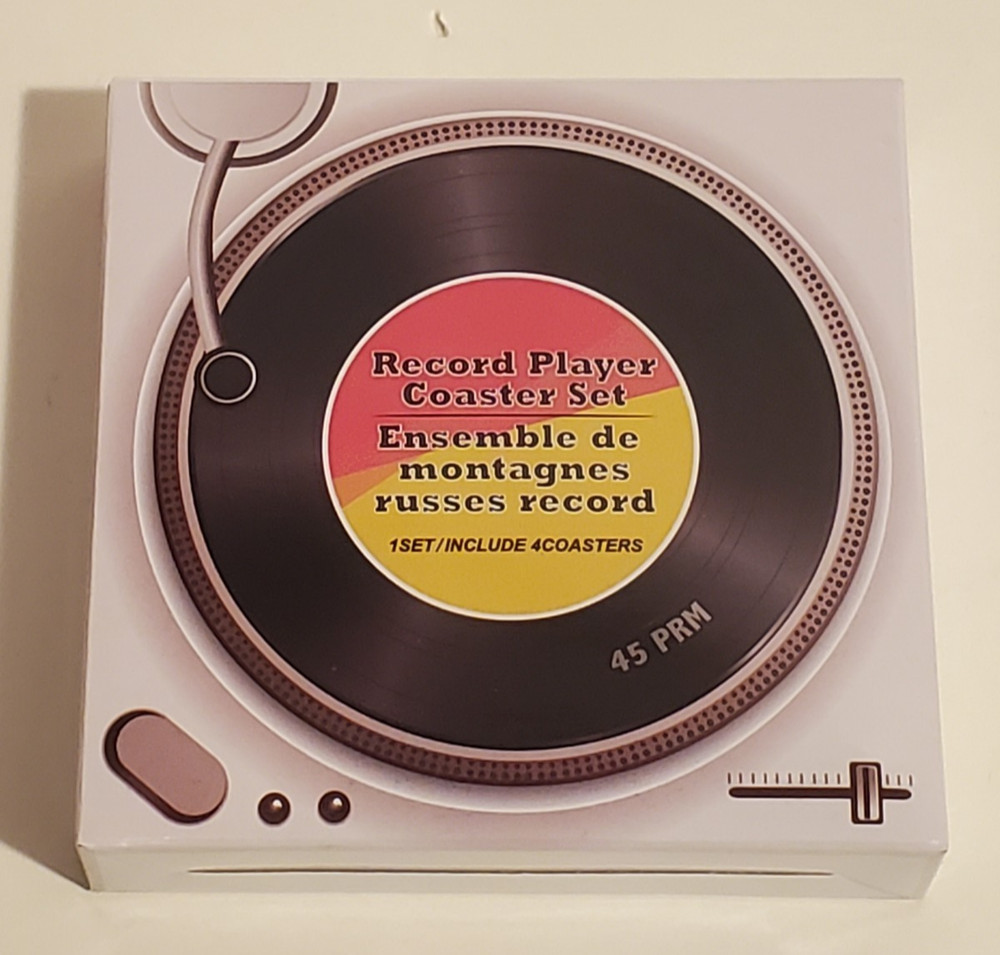 RECORD PLAYER DESIGN TURNTABLE DRINK BEVERAGE COASTER SET/4 COASTERS