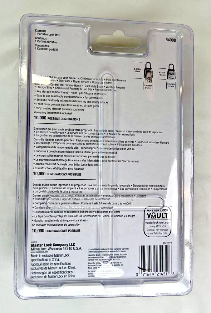 MASTER LOCK 5400D Lock Box in Padlock Style - fits 5 Keys