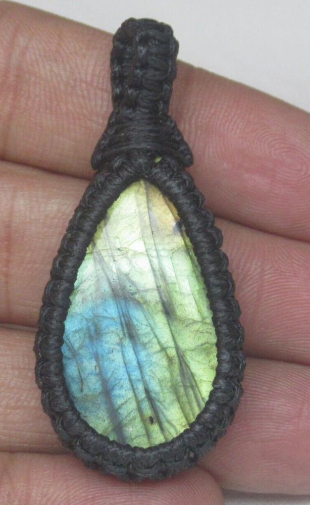 Natural Labradorite Pear 52.30 Cts Cotton Waxed Cord Macrame Pendant J 3165