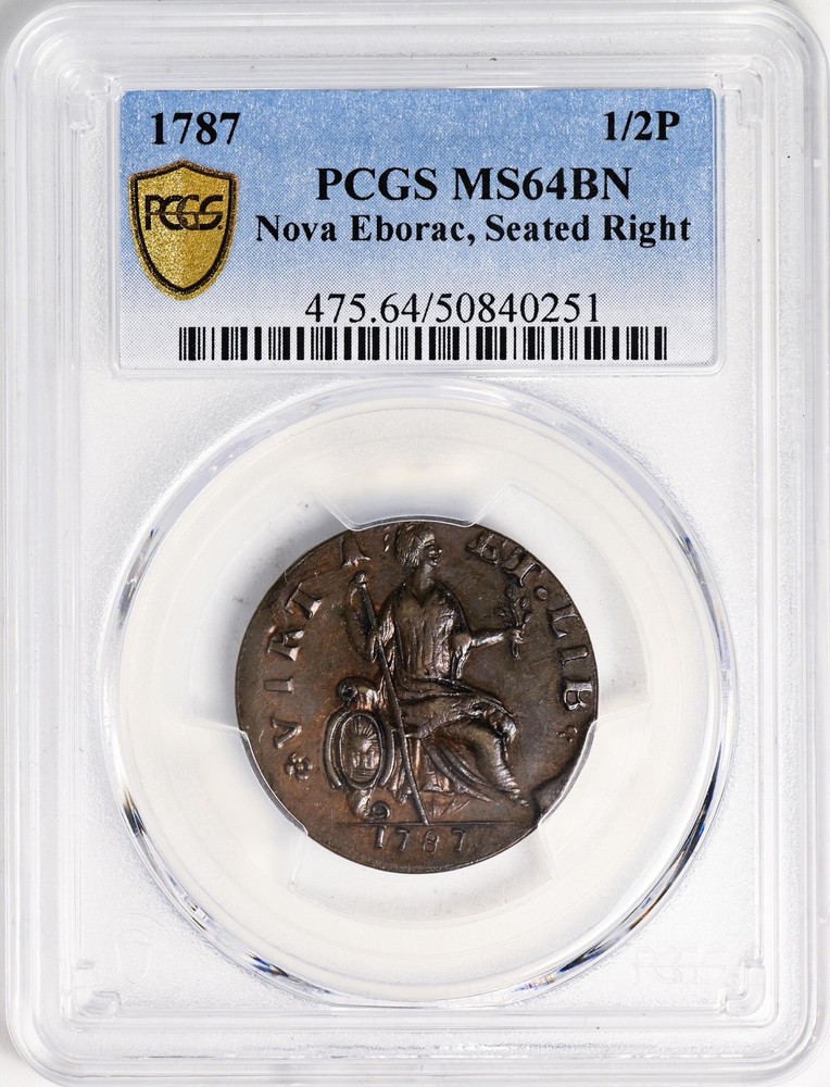 1787 NOVA EBOR, SEATED RT COPPER PCGS MS 64 BN