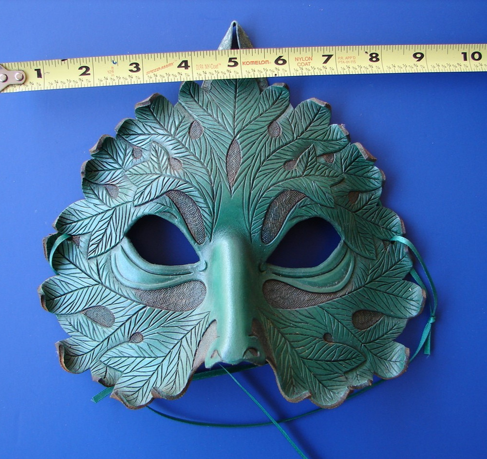 Mask Handcrafted Leather Green Leaf Design Display Signed/dated 1999 by AMH