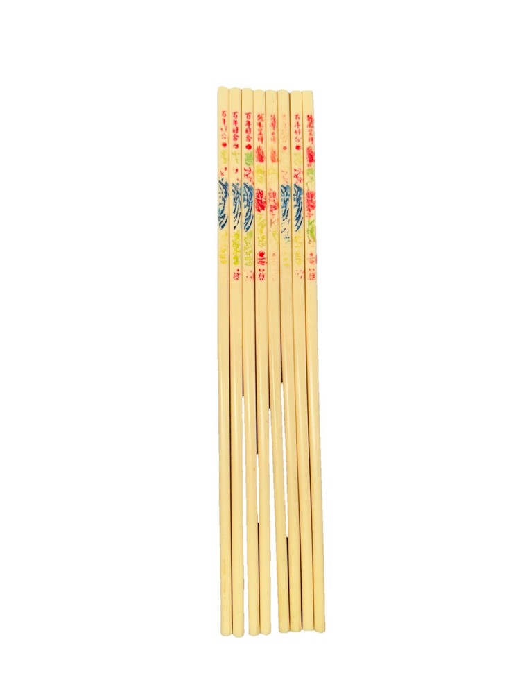 4 Pair Plastic Chopsticks Beige Chinese Design Characters