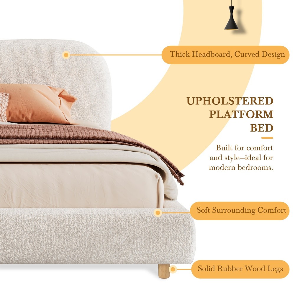 White Queen/King Size Upholstered Platform Bed with Headboard & Solid Wood Legs