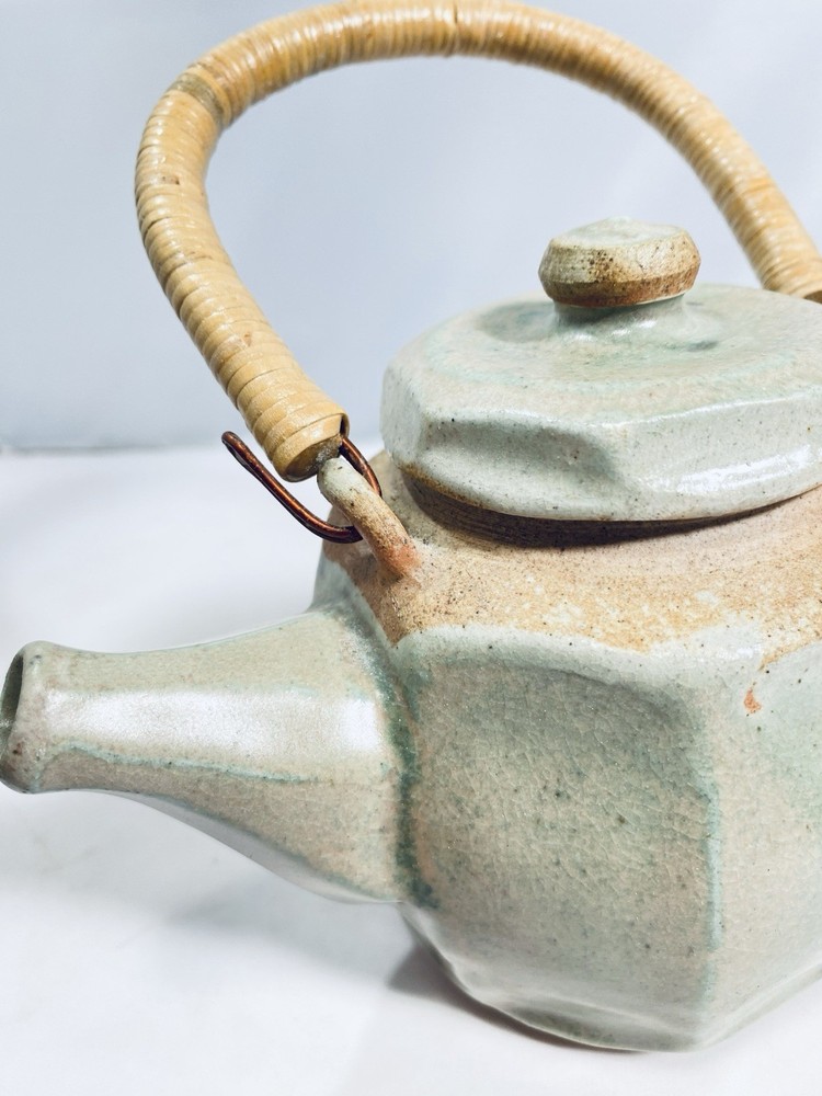 Studio Pottery Celadon Teapot Small Ceramic Rattan Wrapped Handle