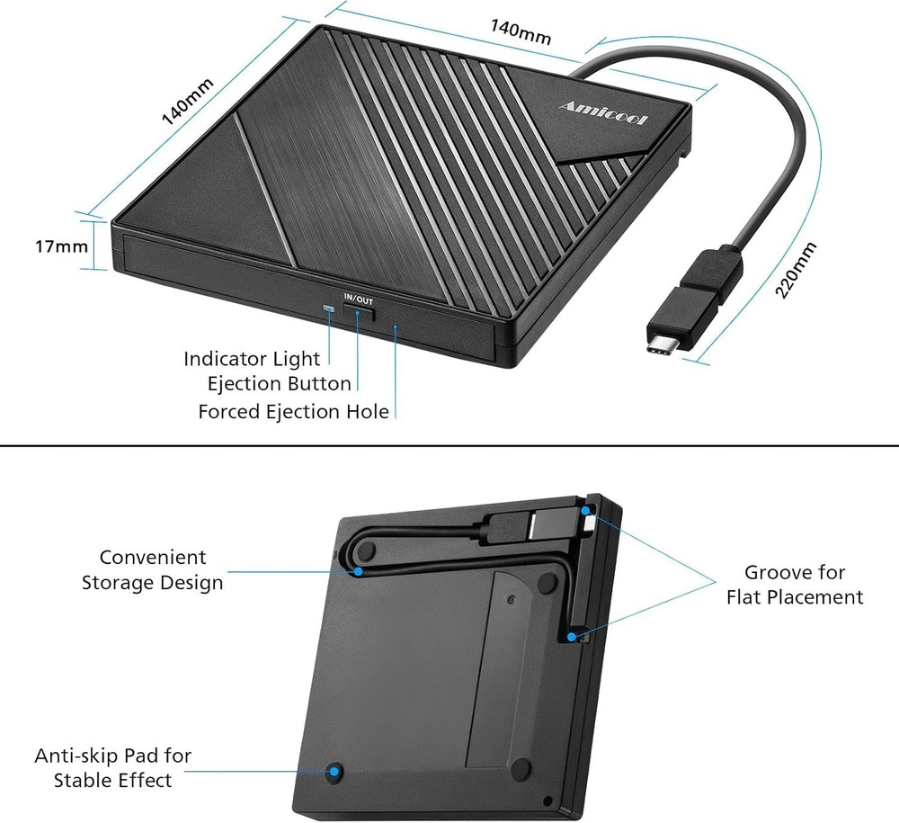 Amicool External DVD Drive USB 3.0 USB C CD Burner +/-RW Optical Drive, Slim