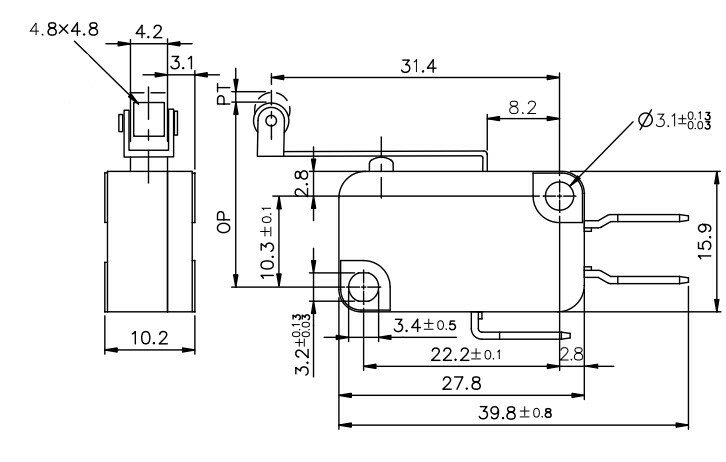 Micro Switch (Tend) TMV103-C; 10A Long Roller Type; (1C bottom terminal #250)