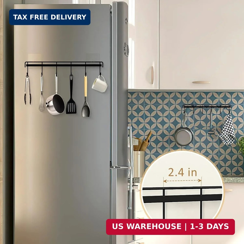 2 Pack No Drill Adhesive Rail with 12 Hooks Metal Organizer Kitchen Bathroom