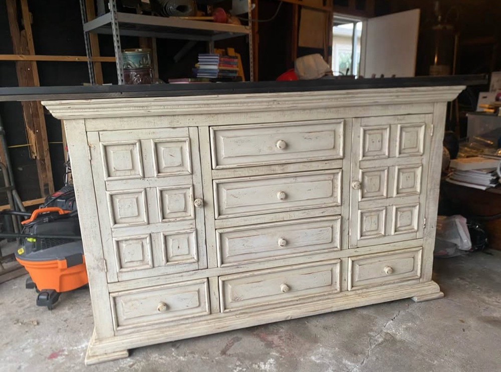 Queen Rustic White Bed Frame, Dresser W/Mirror