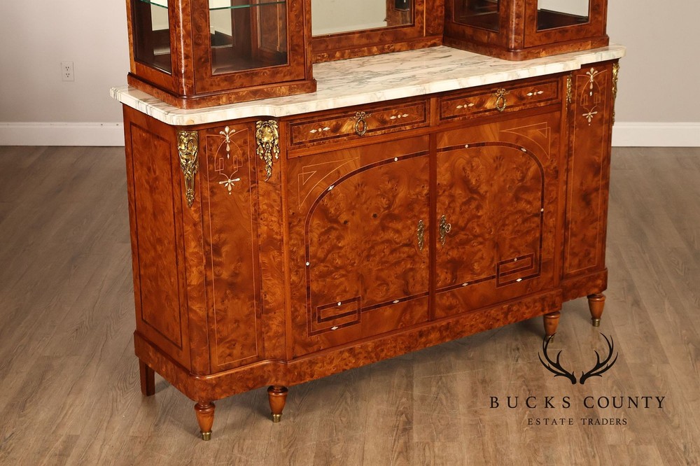 Walnut Marble Top Sideboard With Display Cabinets