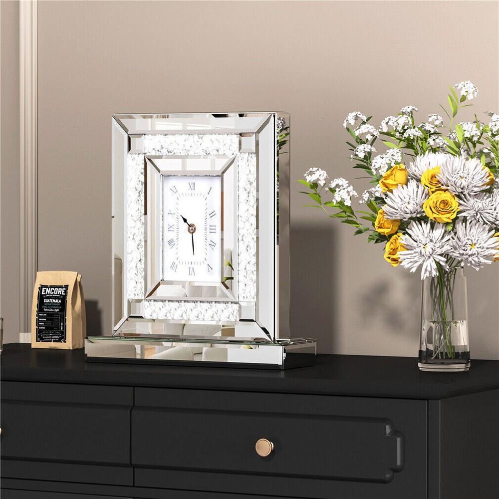 Silver Crushed Diamond Clock Mirrored Table Desk Clock fr Home Office Decorative