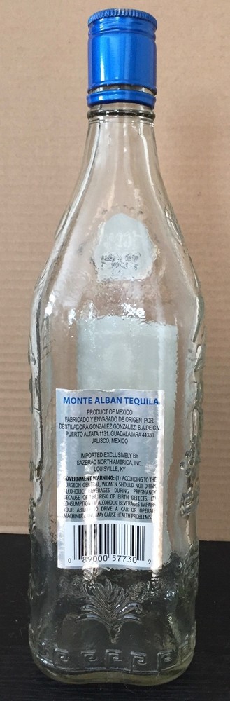 Monte Alban Silver Tequila Empty 750 ML Embossed Bottle Mexico