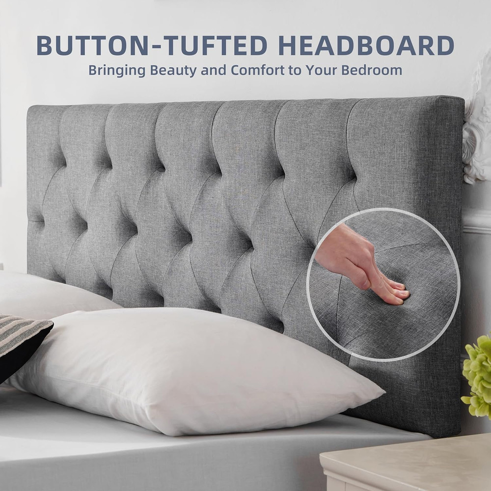 Linen Upholstered Headboard Queen Size, Modern Diamond Tufting Solid Wood Queen