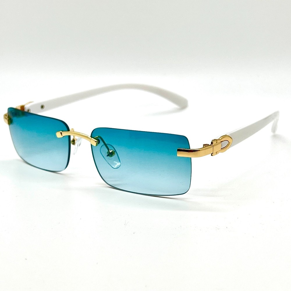 Mens Sunglasses Small Rectangular Hip Hop Rapper Gold Clear Lens Square Rimless