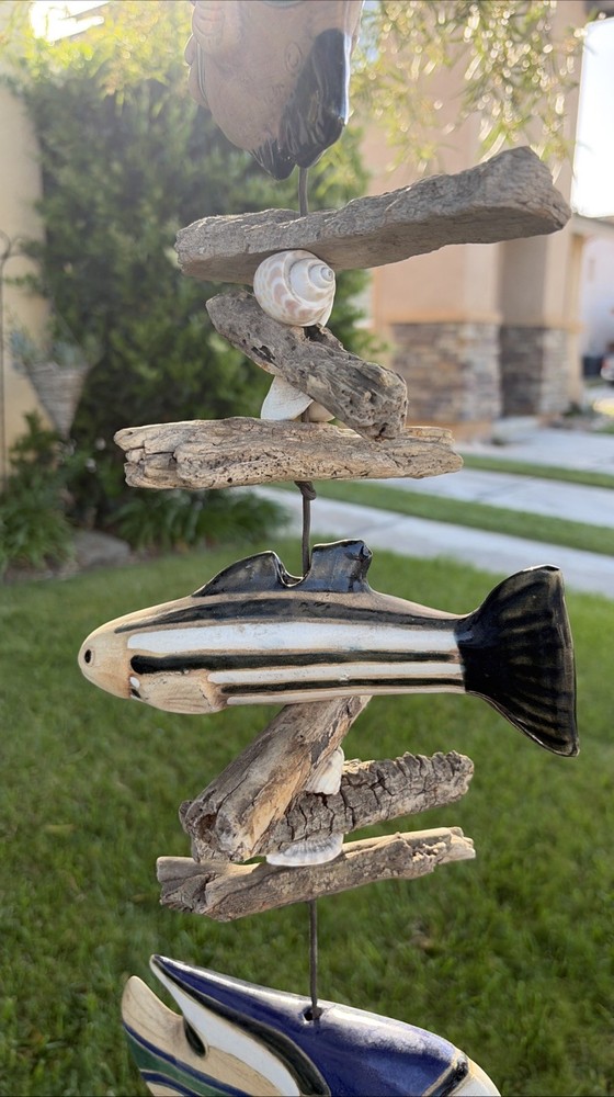 Hazel Olsen Attributed Driftwood Fish Pottery Shells Wind Chime Wall Hanging