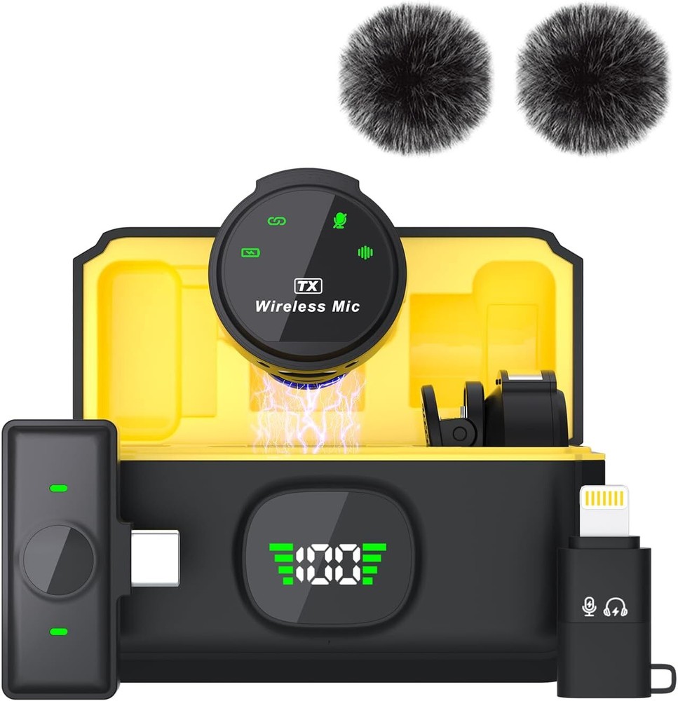 2 in 1 Wireless Lavalier Microphone for iPhone/Android, Noise Cancellation