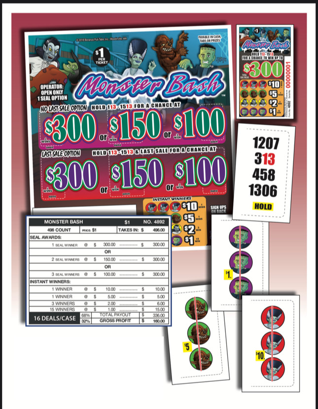 Pull Tab Ticket - Hard Card - Game - Monster Bash - 496 ct