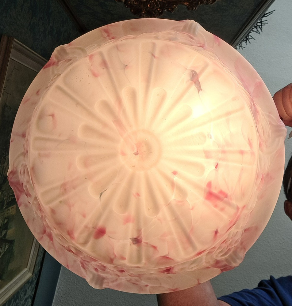 ANTIQUE FLY CATCHER CEILING LIGHT RASPBERRY PINK MARBLED GLASS SHADE & CHAINS