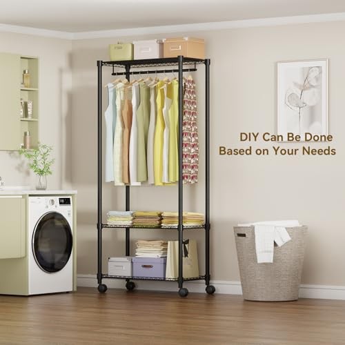 Moogiitools Heavy Duty Rolling Garment Rack 3 Tiers Adjustable with 25mm thick