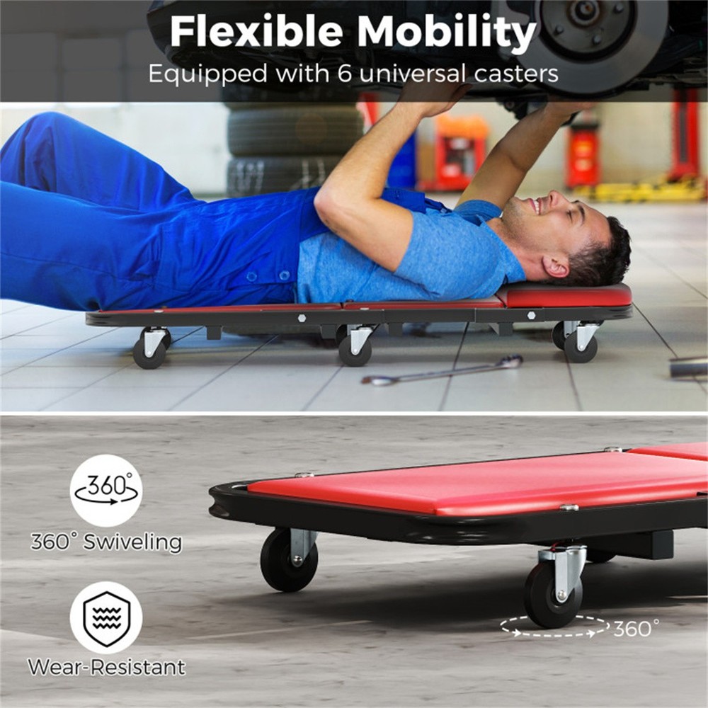 Rolling Foldable Mechanic Stool 6 Wheels Padded Seat 2-in-1 Garage Workshop