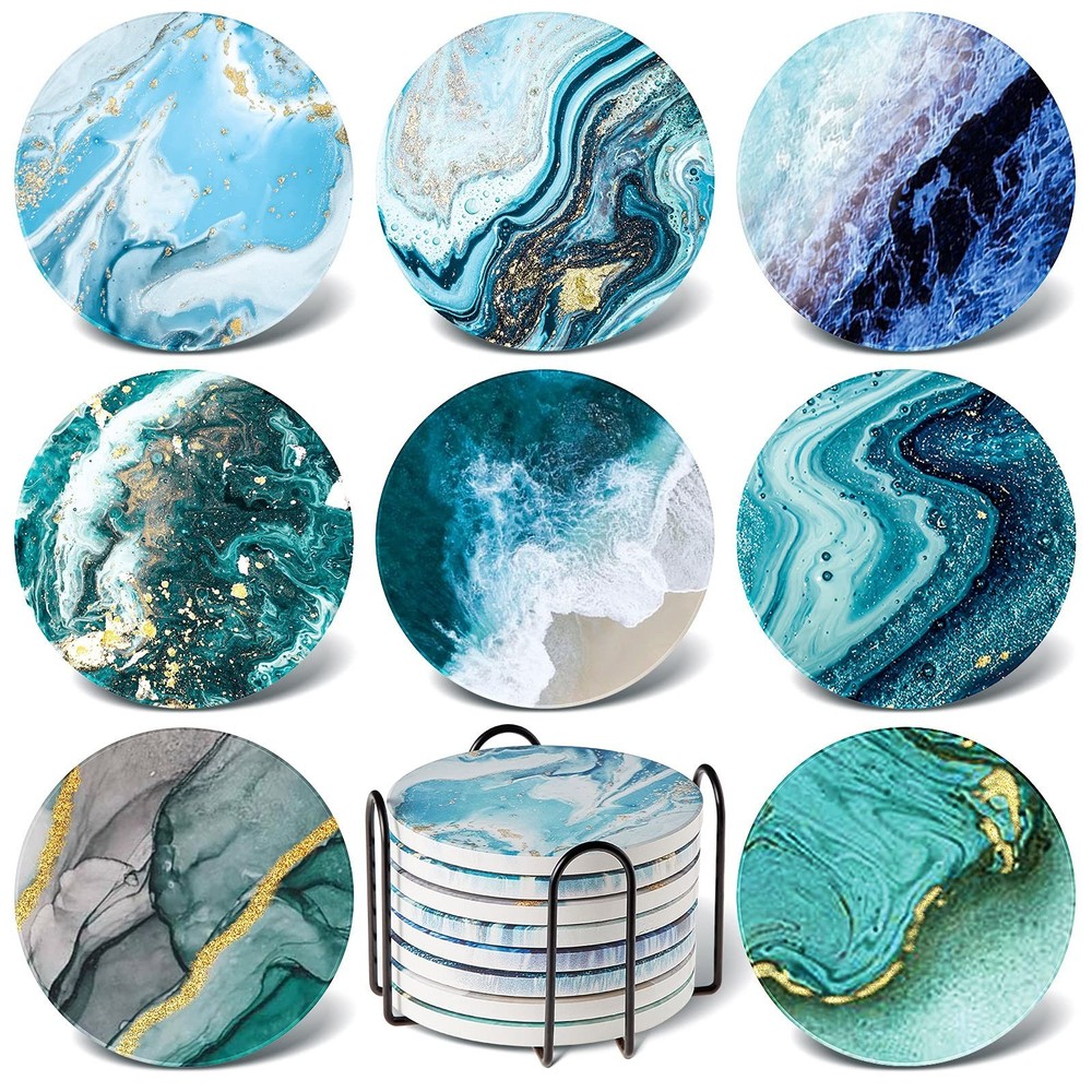 8 Pieces Coasters for Drinks with Holder, Marble Ocean Pattern Ceramic Absorb...