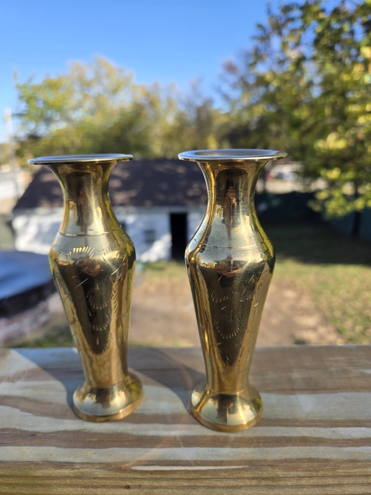 Solid Brass Petite Bud Vases Etched Foliage Pattern Made In India