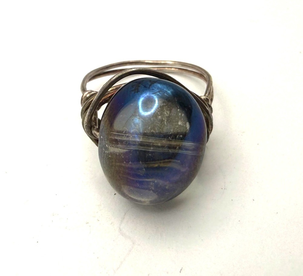 Handmade Wire Wrapped Ring Large Blue Glass Cabochon Artisan Statement Ring Size