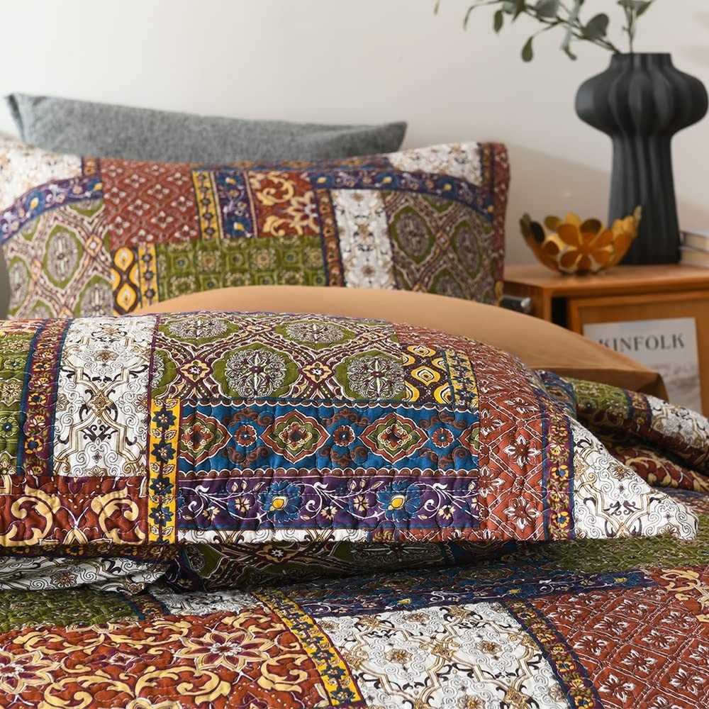 Cotton Bedspread Quilt Sets Reversible Bedding Coverlet Sets Comforter Patchw...