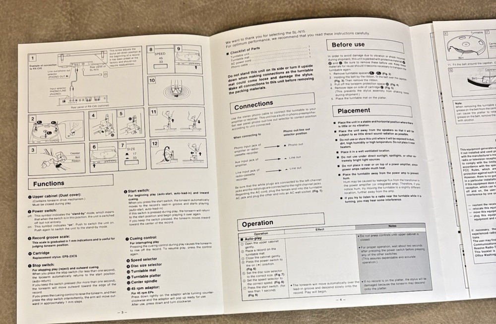 Original Panasonic SL-N15 DC Servo Automatic Turntable Operating Instructions