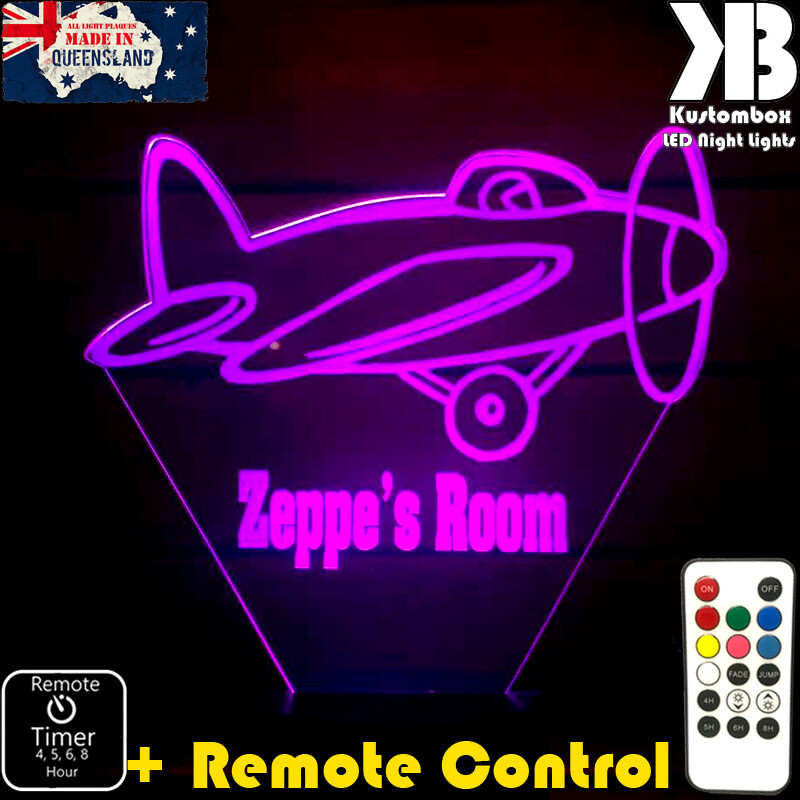 Plane Personalised Name 3D LED Night Light Battery or USB 7 Colour + Remote Ctl