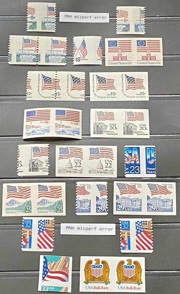 US POSTAGE MINT ERROR STAMPS-PATRIOTIC FLAGS-MISPERFS & MISSING PERF PAIRS-MNH