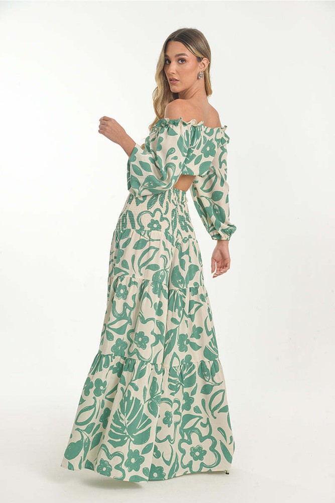 Green and White Off-Shoulder Set