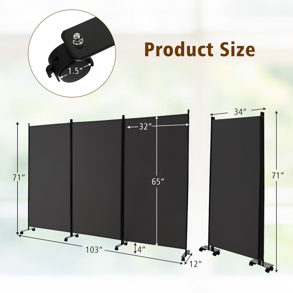 3-Panel Folding Room Divider 6Ft Rolling Privacy Screen w/Lockable Wheels Grey