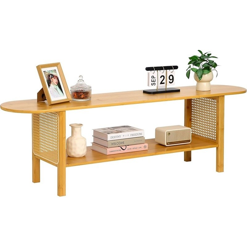 Bamboo TV Stand Rattan Design Ample Storage Multi-Functional Easy Assembly New