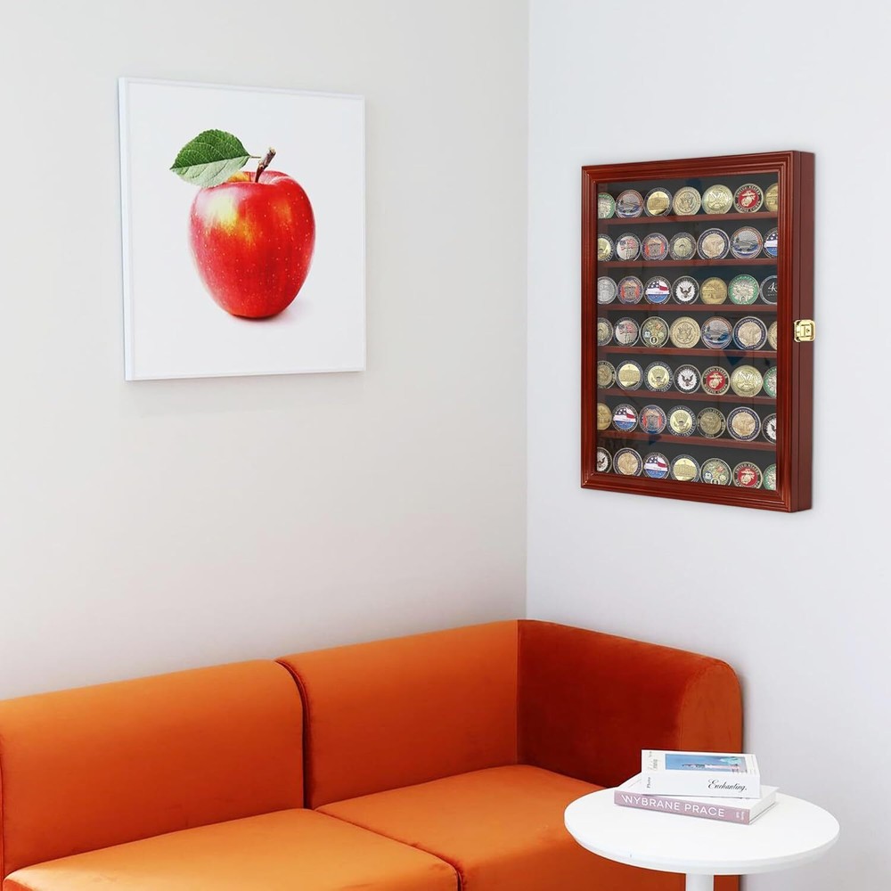 Premium Lockable Challenge Coin Display Case - Mahogany Finish, Wall Mountable