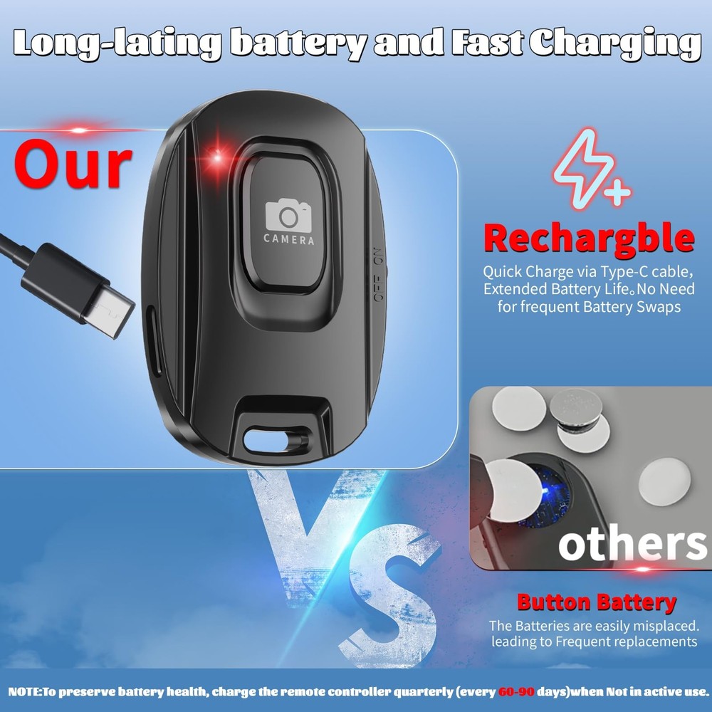 Rechargeable Wireles Camera Remote Bluetoth Selfi Shutter iPhone Android w/Strap