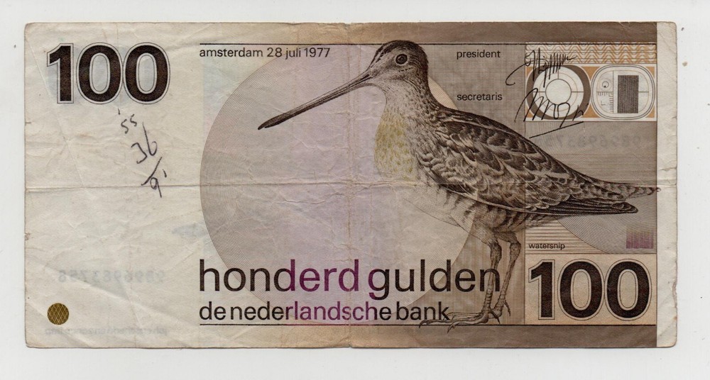 NETHERLANDS 100 GULDEN 1977 PICK 97A LOOK SCANS