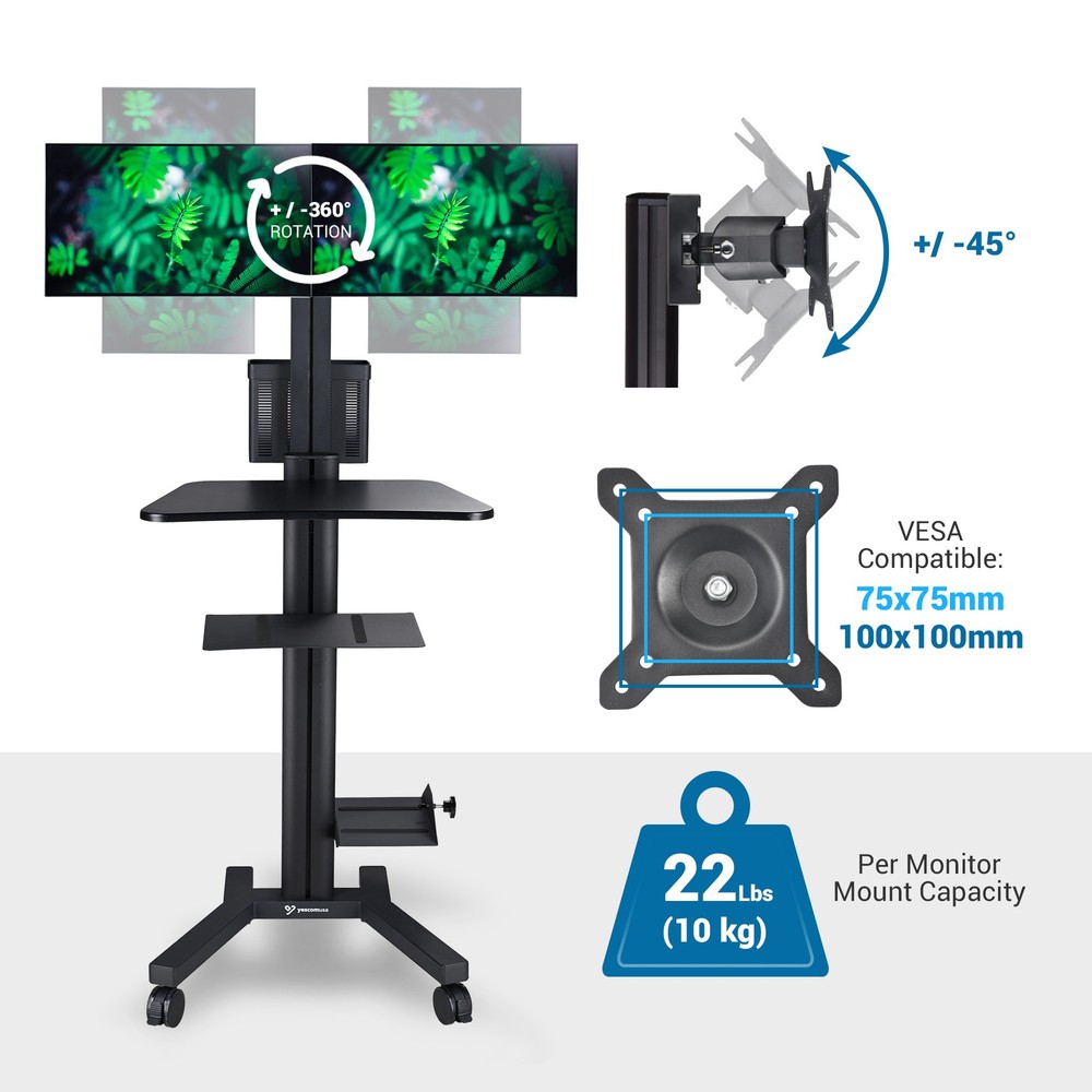 YesSources Mobile Computer Stand Workstation 2 Monitor Mount w/ Additional Pole