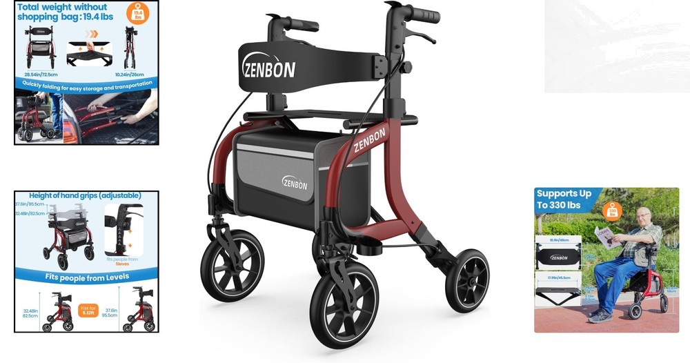 Ergonomic Rollator Walker for Seniors - Foldable | 330lbs Capacity | Red