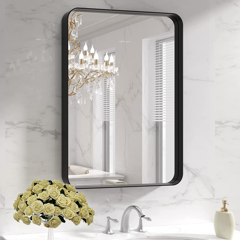 Matte Black Rounded Rectangle Bathroom Mirror, 22x30 Inch, Anti-Rust, Versatile