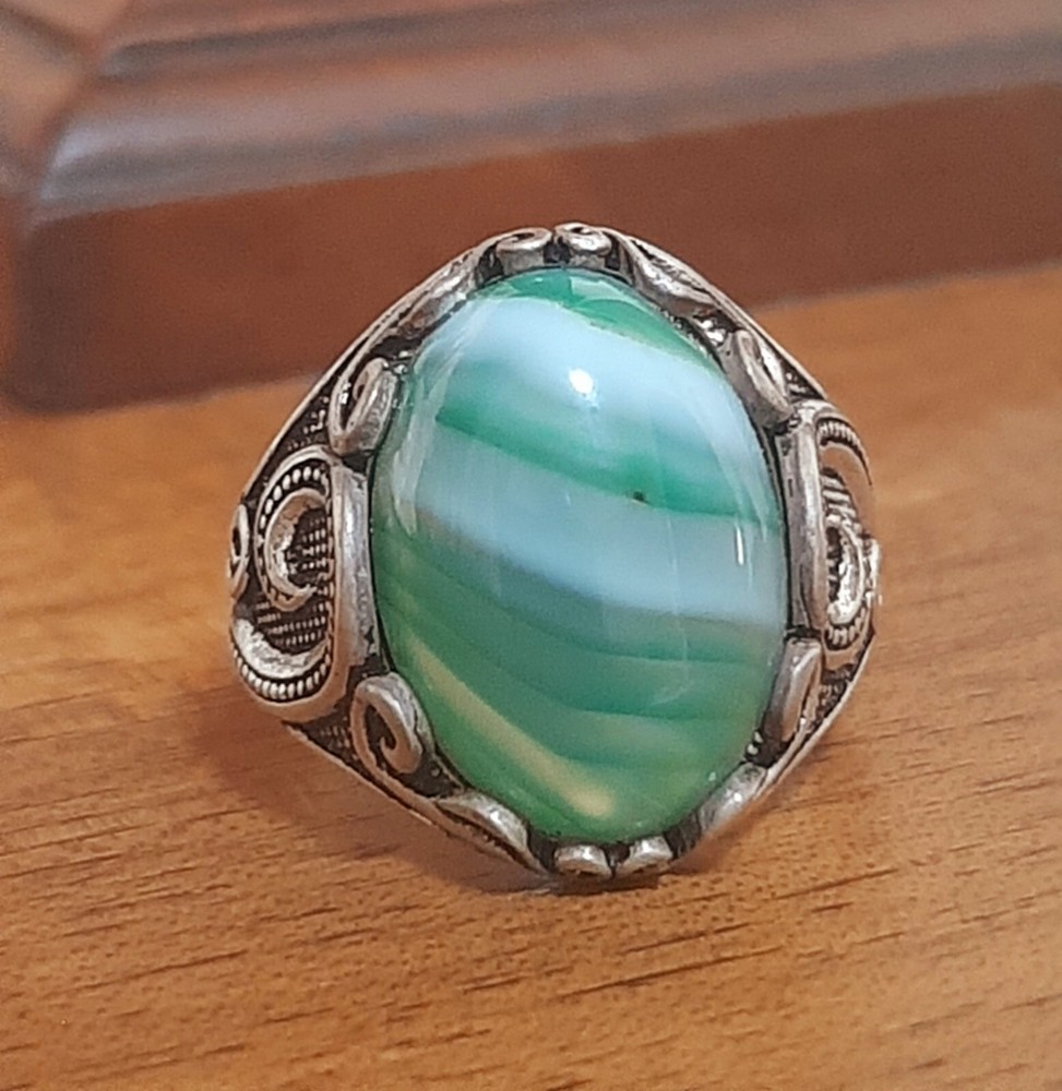 925 Silver Ring Solitaire Seal Rainbow Agate Ring Man Sterling Agate $